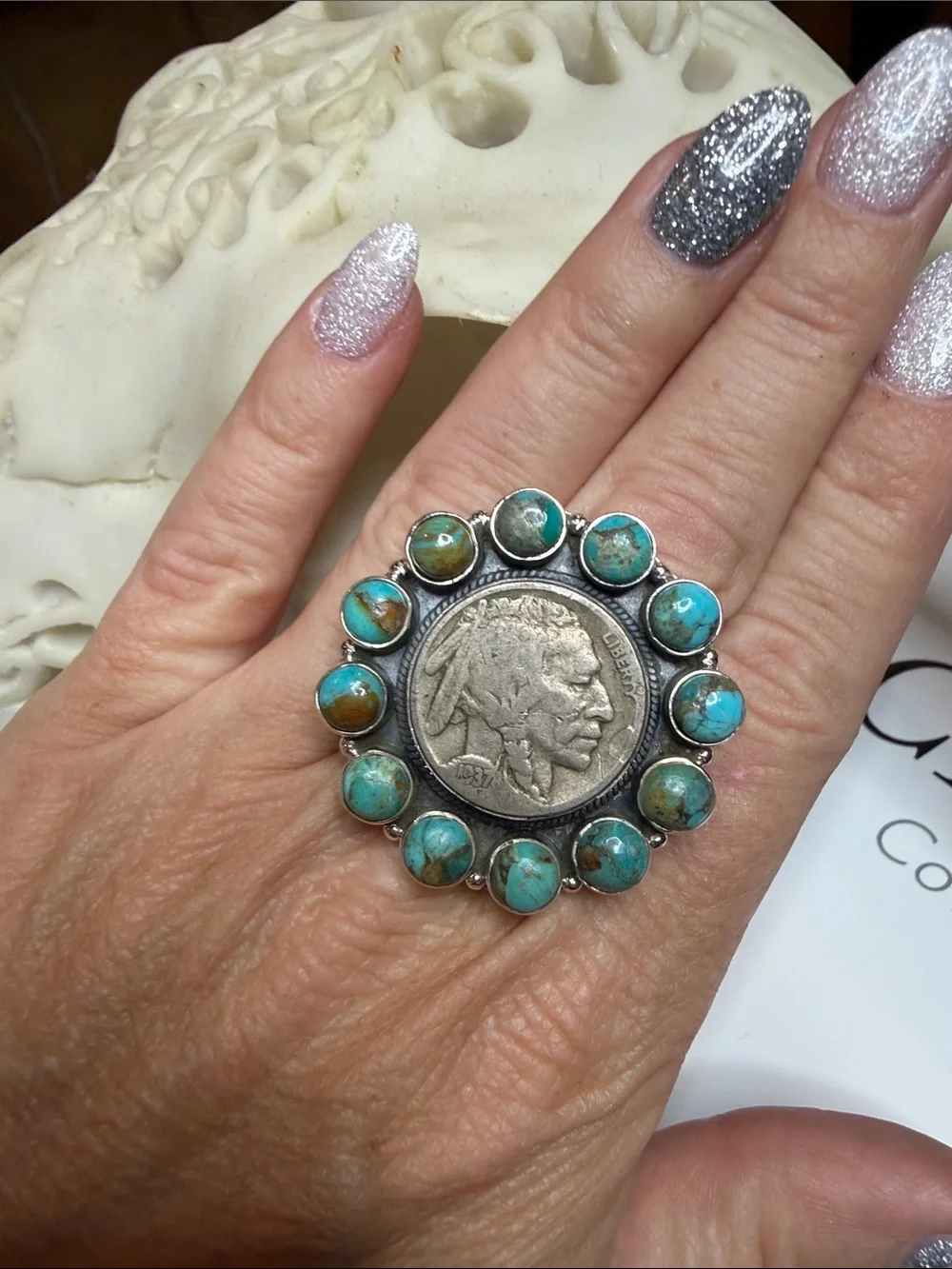 Turquoise Indian Coin Cluster Ring - 9.25 Sterling Silver